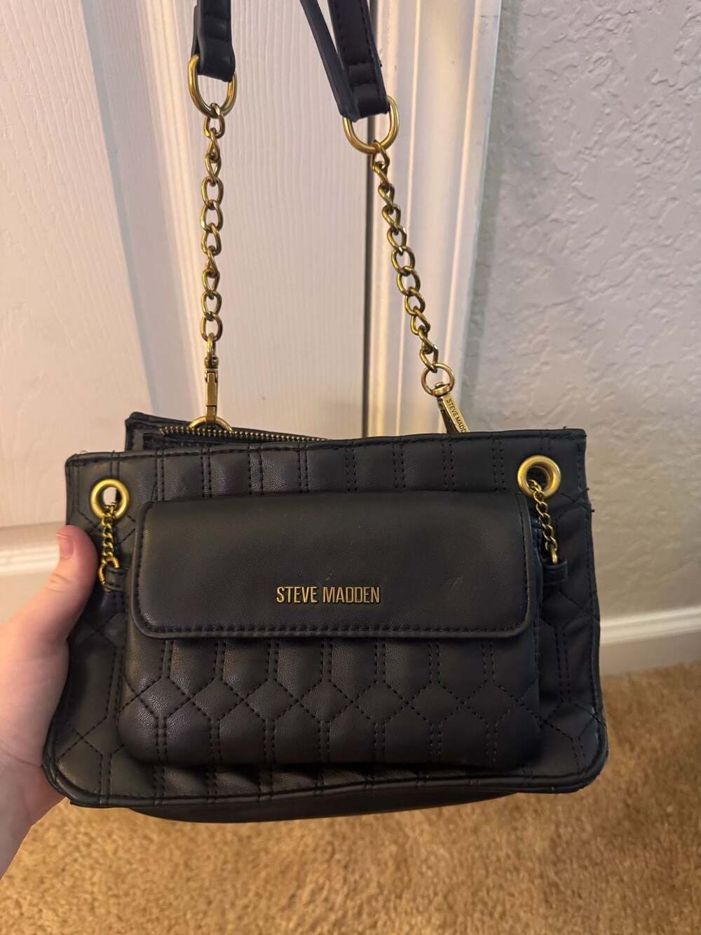 Steve Madden Quilted Crossbody Handbag with Chain Detail and Front Flap Pocket